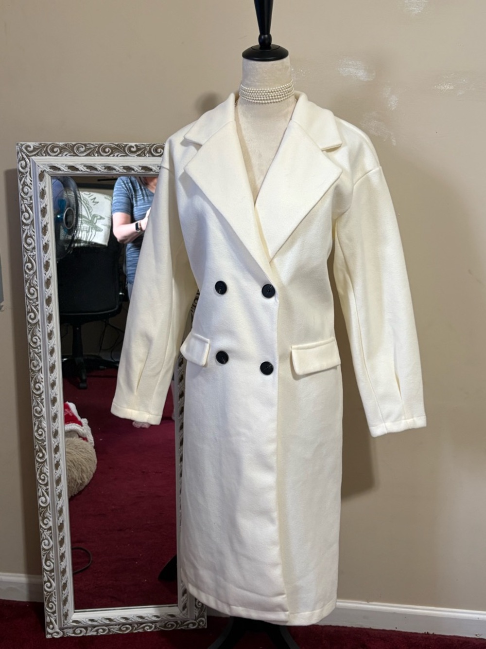 Long Double-Breasted Cream Trench Coat with Notched Lapels